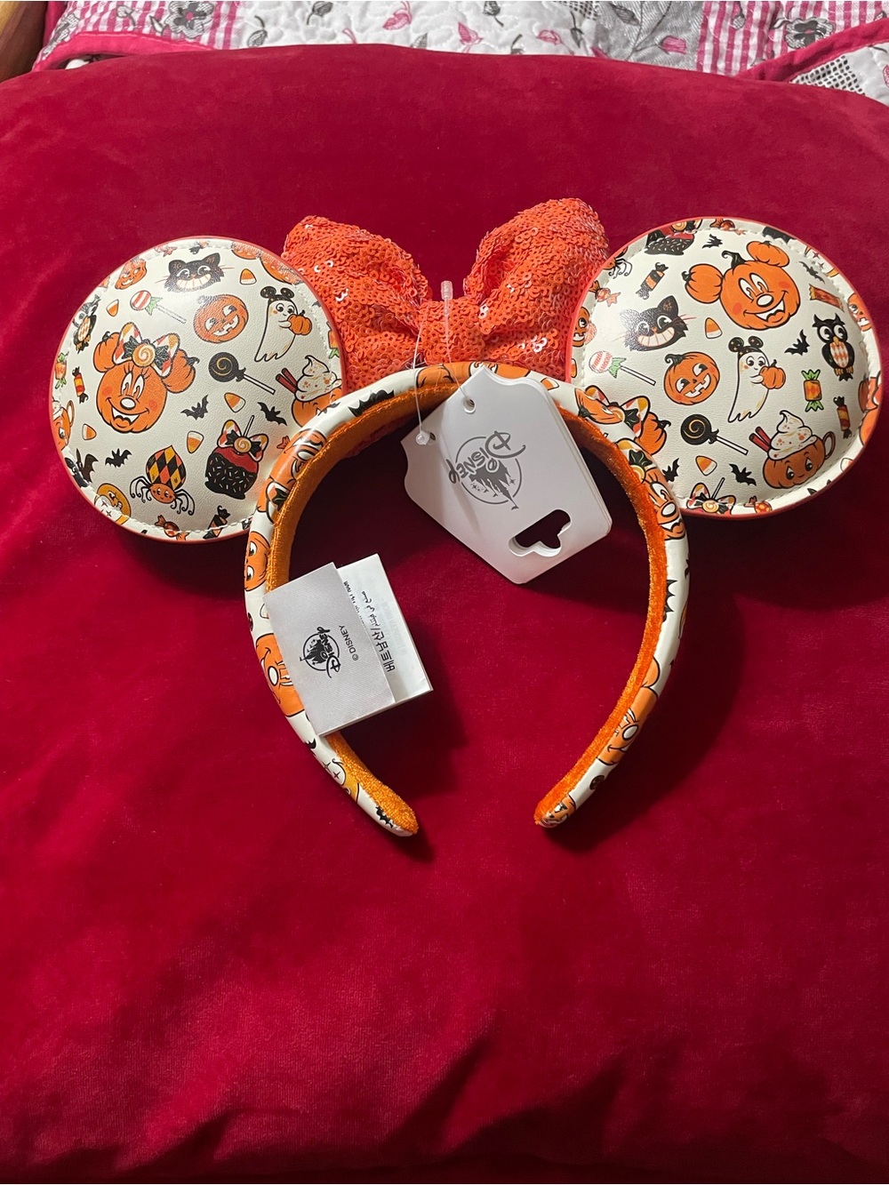 Disney Halloween Pumpkin Print Mouse Ear Headband with Orange Sequin Bow